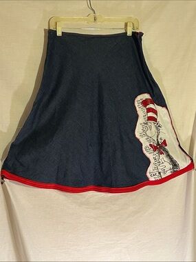 Novelty Cat in the Hat, A-Line Skirt Stretch Navy Denim w/Red Trim. Handmade.